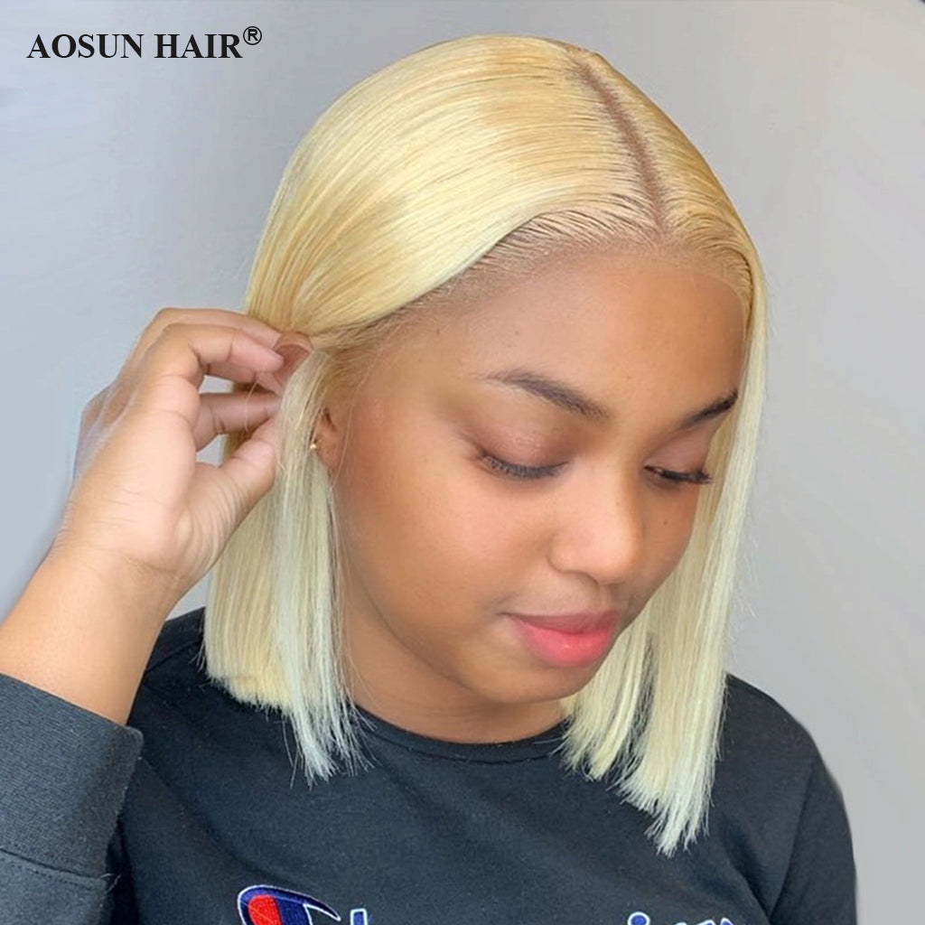 613 Blonde Brazilian T-Part Lace Wig 180% Density Short Bob Wig – AOSUN ...